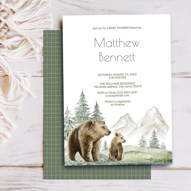 Mutter und Kind tragen Aquarellwald-Einladung Einladung (Cute watercolor baby shower invite with forest and bear design in sage green. Ideal for woodland the)