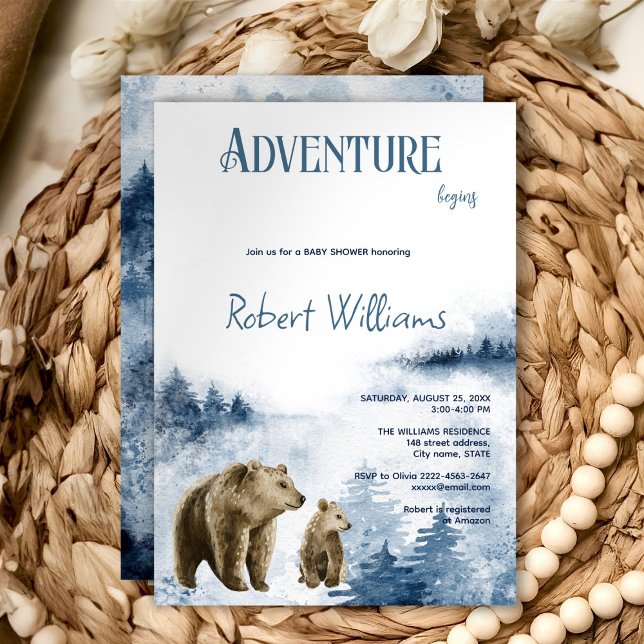 Mutter und Kind tragen Aquarellwald-Einladung Einladung (Adventure awaits watercolor foggy blue forest with bear baby shower invitation )