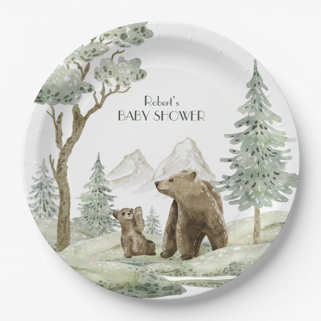 Mutter und Kind tragen Aquarellwald-Einladung Pappteller (Vorderseite)