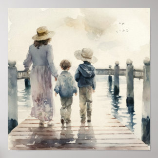 Mutter und Kinder am Meer Poster