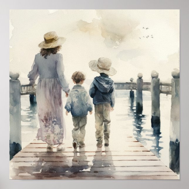 Mutter und Kinder am Meer Poster (Vorne)