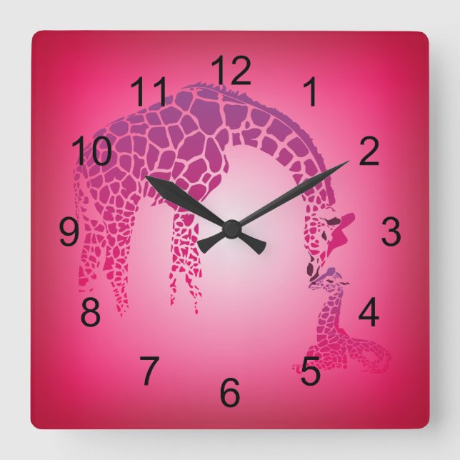 Mutter und Niedliche Baby Giraffe | Fuchsia Quadratische Wanduhr (Vorderseite)