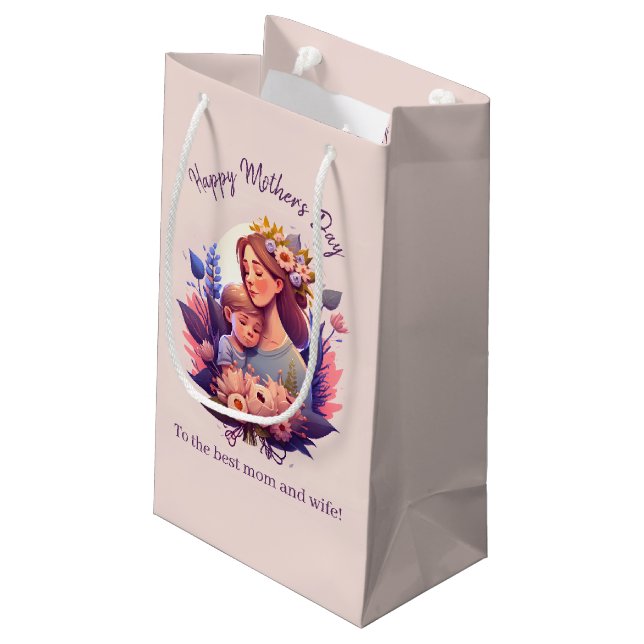 Mutter und Sohn glücklich Muttertag Kleine Geschenktüte (Rückseite Schrägansicht)