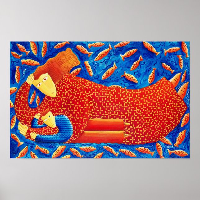 Mutter und Sohn mit Goldfish Malerei Print Poster (Vorne)
