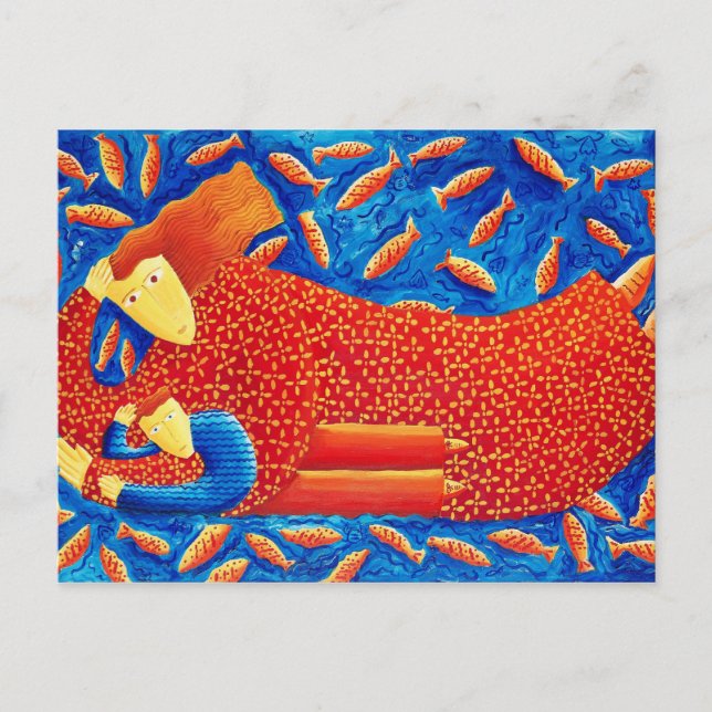 Mutter und Sohn mit Goldfish Modern Art Malerei Postkarte (Vorderseite)