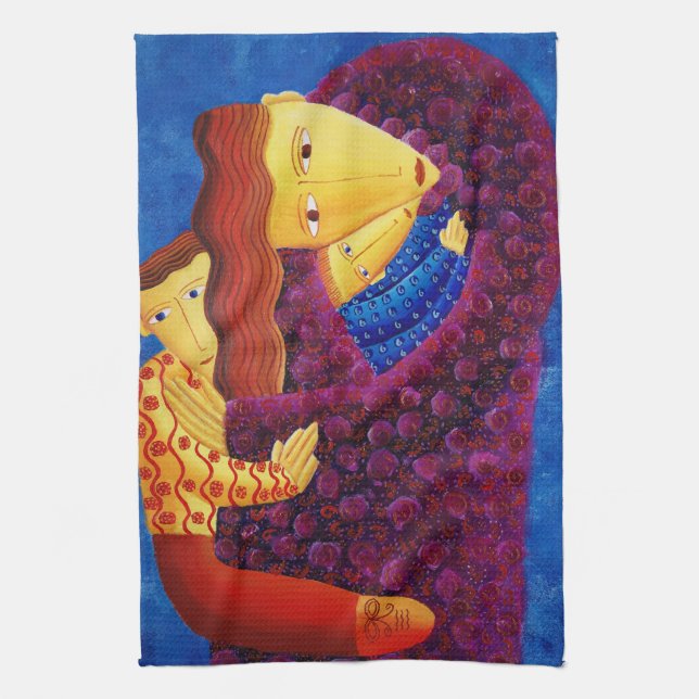 Mutter und Sohn zeitgenössisches Familiengemälde Geschirrtuch (Vertikal)