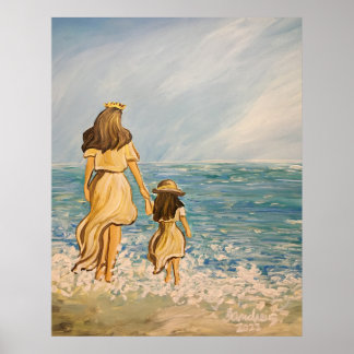 Mutter und Tochter gehen am Strand Poster