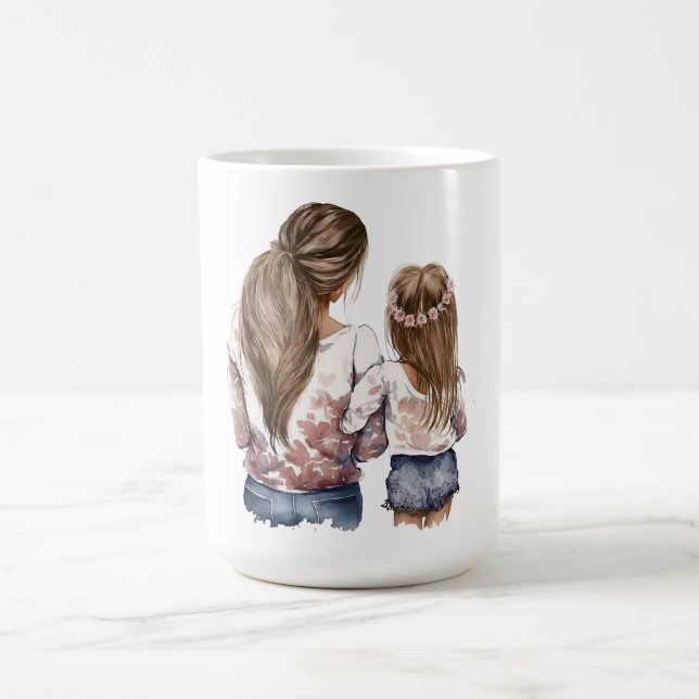 Mutter und Tochter, lange Haare, Aquarell-Rückkuns Kaffeetasse (Mittel)
