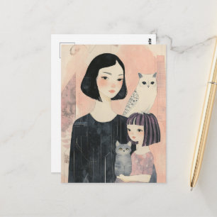 Mutter und Tochter mit Katze und Eule Katze Postkarte