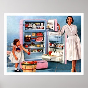 Mutter und Tochter neben vollem Kühlschrank und Äp Poster