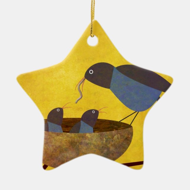 Mutter Vogel und Babys Keramik Ornament (Vorne)