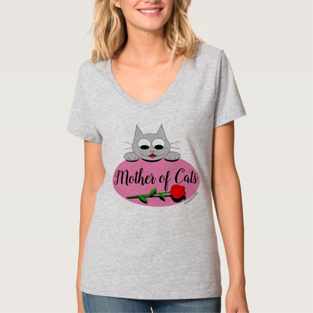 Mutter von Katzen mit Rote Rose Katze Lover V Neck T-Shirt (Vorderseite)