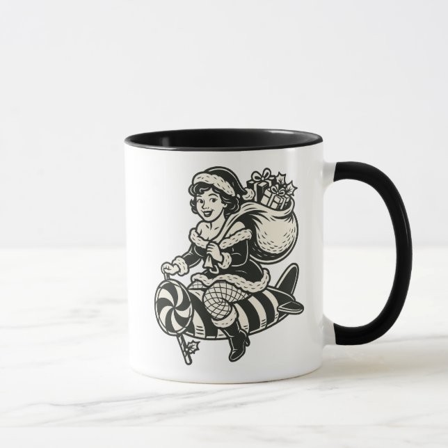 Mutter Weihnachten auf Gerstenzucker-Rakete. Tasse (Rechts)