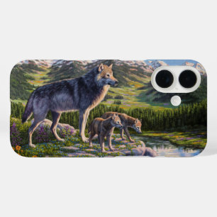 Mutter Wolf & Welpen Bergflusstal iPhone 16 Hülle