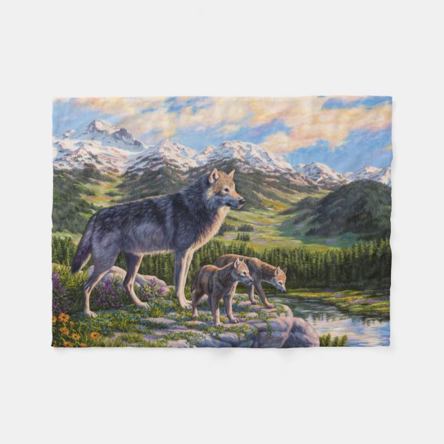 Mutter Wolf & Welpen Bergflusstal Fleecedecke (Vorderseite (Horizontal))