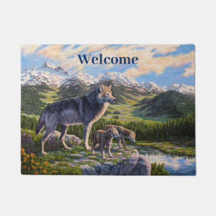 Mutter Wolf & Welpen Bergflusstal Fußmatte