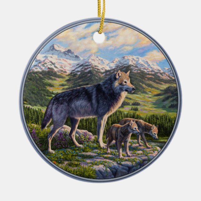 Mutter Wolf & Welpen Bergflusstal Keramik Ornament (Vorne)