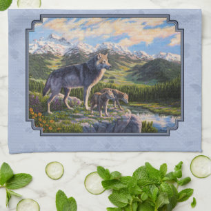 Mutter Wolf & Welpen Bergflusstal Küchentuch
