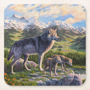 Mutter Wolf & Welpen Bergflusstal Rechteckiger Pappuntersetzer