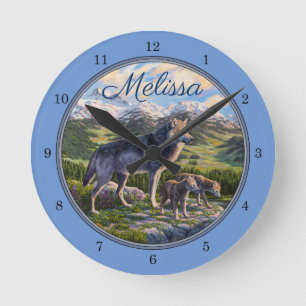 Mutter Wolf & Welpen Bergflusstal Runde Wanduhr