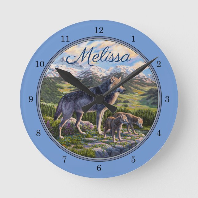 Mutter Wolf & Welpen Bergflusstal Runde Wanduhr (Vorderseite)