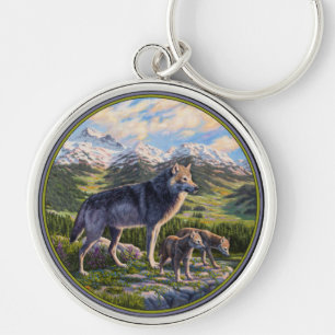 Mutter Wolf & Welpen Bergflusstal Schlüsselanhänger