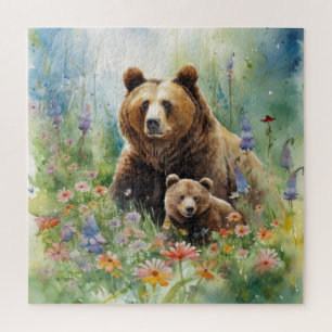 Mutterbär-Jungtier-Blumenfeld-Malerei Puzzle