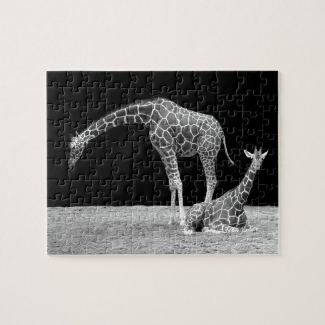 Muttergiraffen und Babygiraffen, schwarz und weiß Puzzle (Horizontal)