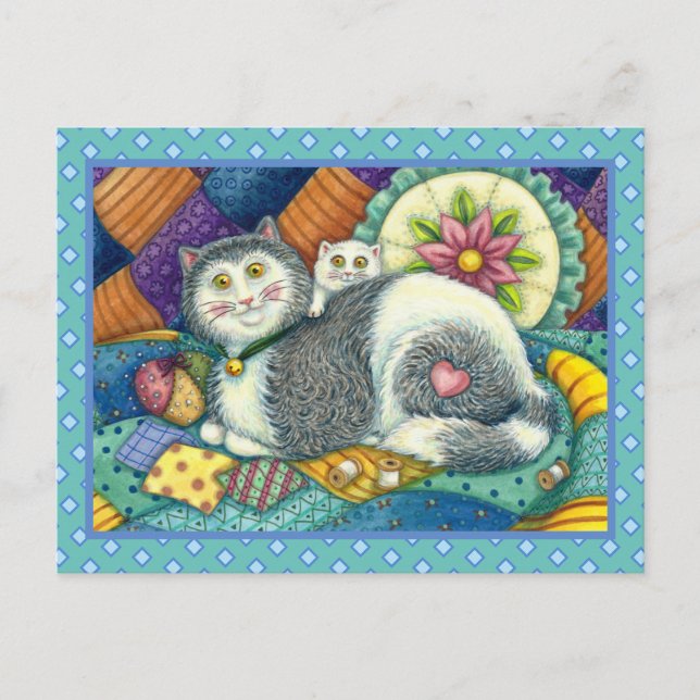 MUTTERKATZE & KÄTZCHEN, PATCHWORK-QUILTS, STEckKIS Postkarte (Vorderseite)