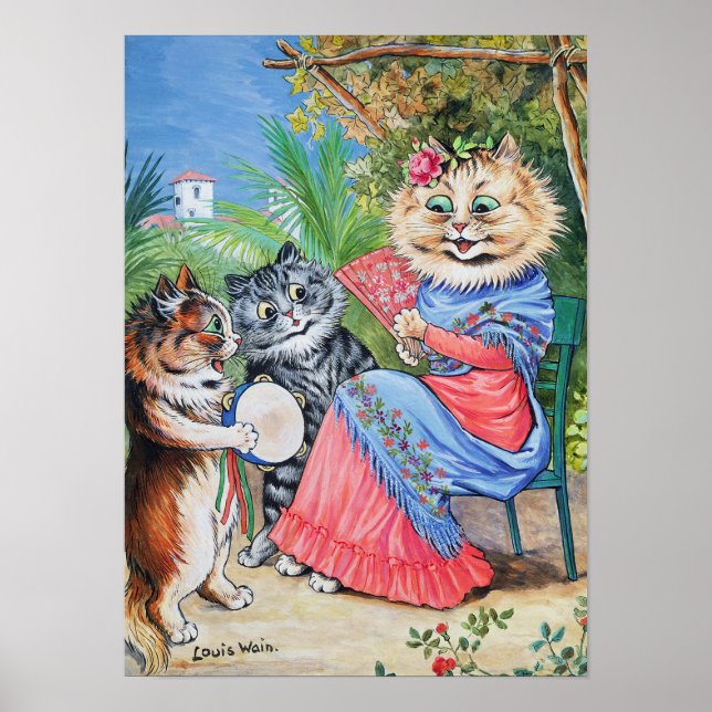 Mutterkatze mit Fächer und Kätzchen, Louis Wain Poster (Vorne)
