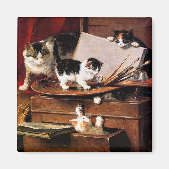 Mutterkatze und Kätzchen am Tisch Magnet (Vorne)