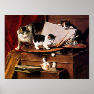 Mutterkatze und Kätzchen am Tisch Poster