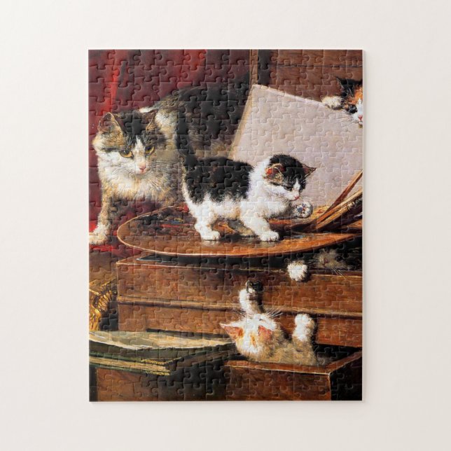Mutterkatze und Kätzchen am Tisch Puzzle (Vertikal)