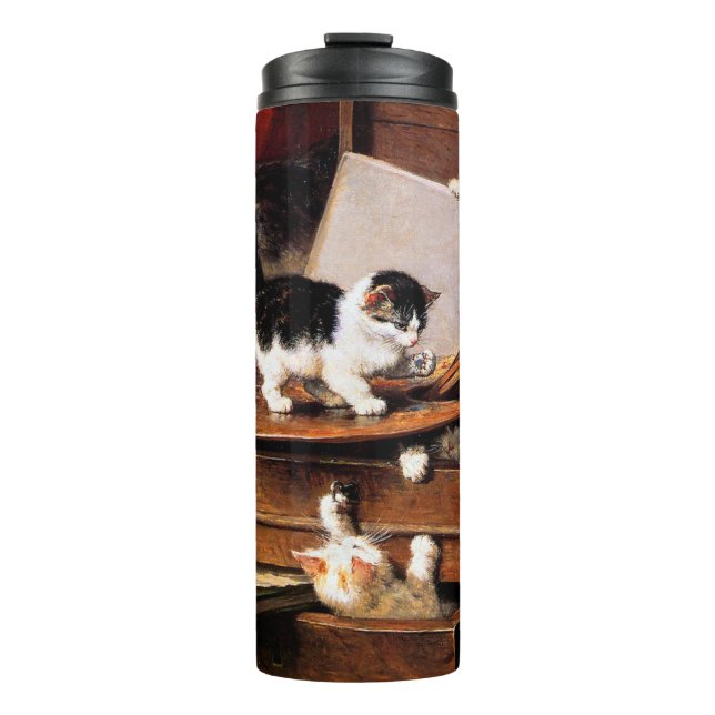 Mutterkatze und Kätzchen am Tisch Thermosbecher (Vorderseite)