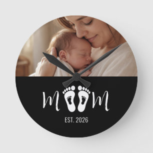 Muttermal Baby Fußabdrücke Foto Muttertag Runde Wanduhr