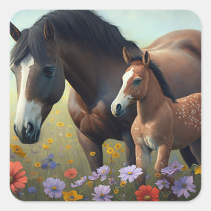 Mutterroh und Foal in einem Feld von Blume Quadratischer Aufkleber