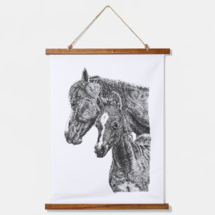 Mutterstute und Fohlen Pointillismus Equine Kunst Wandteppich Mit Holzrahmen