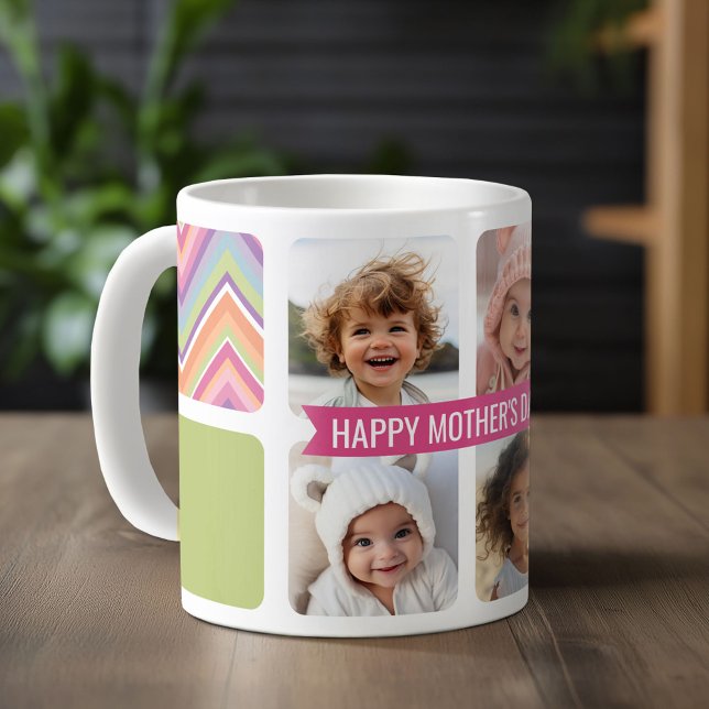 Muttertag 4 Foto Collage Pink Green Chevrons Kaffeetasse (Custom Photo Mug)