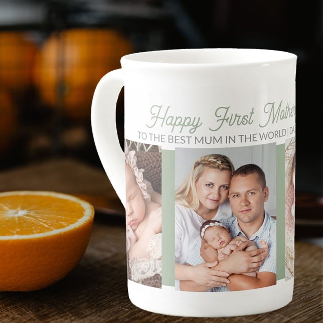 Muttertag Beste Mutter 4 Foto Sage Green Prozellantasse (First Mother's Day 4 Photo Collage Mug for Mum in sage green and grey)