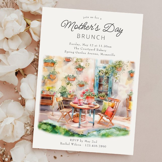 Muttertag Brunch Gartensitzplatz Einladung (Mother's Day Brunch Invitation with welcoming watercolor country garden terrace)