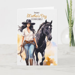 Muttertag-Cowgirl und schwarzes Pferd Feiertagskarte