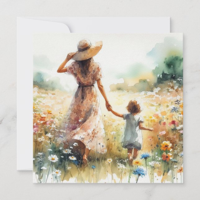 Muttertag Frau und Kind auf einem Blumenfeld Karte (Vorderseite)