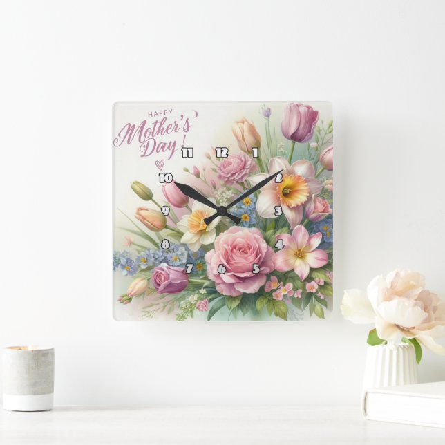 Muttertag: FrühlingsblütenBouquet Quadratische Wanduhr (Zuhause)