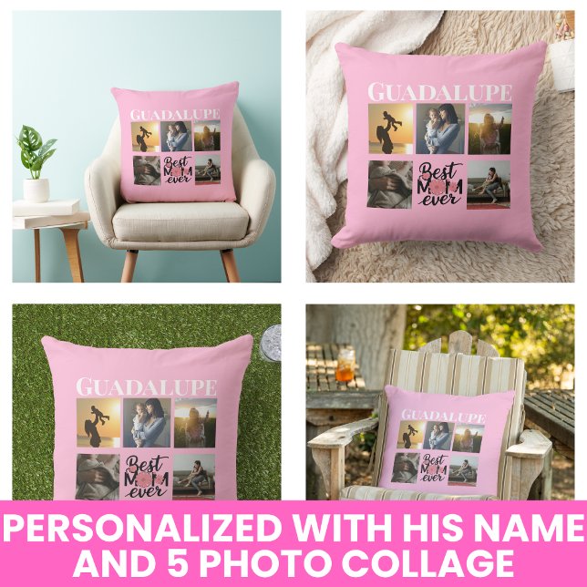 Muttertag gibt Foto Collage Mit Monogramm Skript Kissen (Mothers Day Gifts Photo Collage Monogrammed Script Throw Pillow)