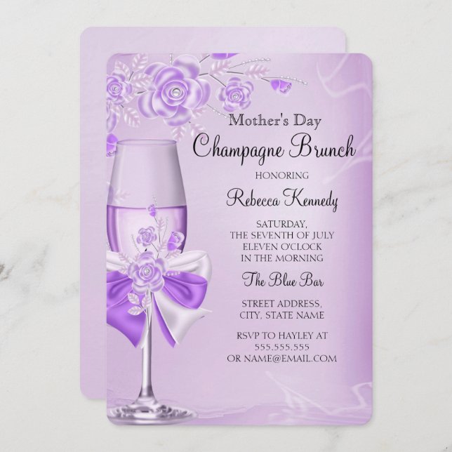 Muttertag Hübsch Lilac Rose Champagne Brunch Einladung (Vorne/Hinten)