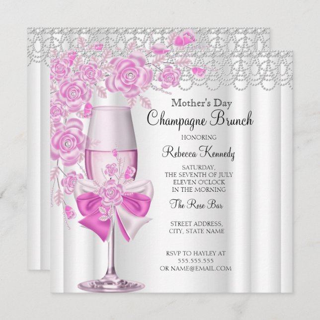 Muttertag Hübsch Rosa Champagner Brunch 2a Einladung (Vorne/Hinten)