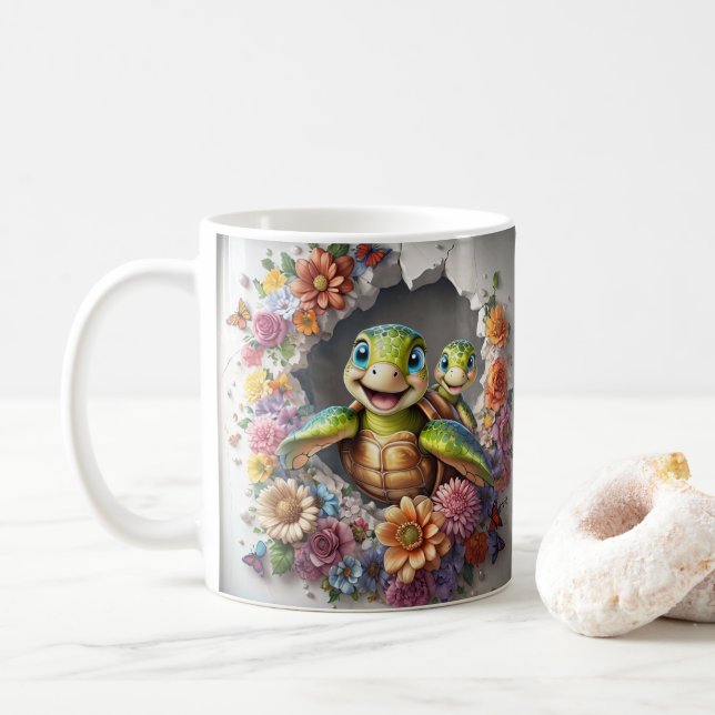 Muttertag Meeresschildkröten mit farbenfroher Blüt Kaffeetasse (Mit Donut)