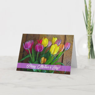 Muttertag mit farbenfrohen Tulpen und Holzschrank Karte