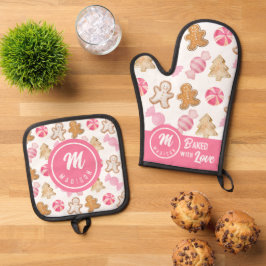 Muttertag Monogram-Pink Sugarplum & Gingerbrot Ofenhandschuh & Topflappen-Set