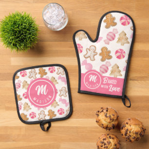 Muttertag Monogram-Pink Sugarplum & Gingerbrot Ofenhandschuh & Topflappen-Set